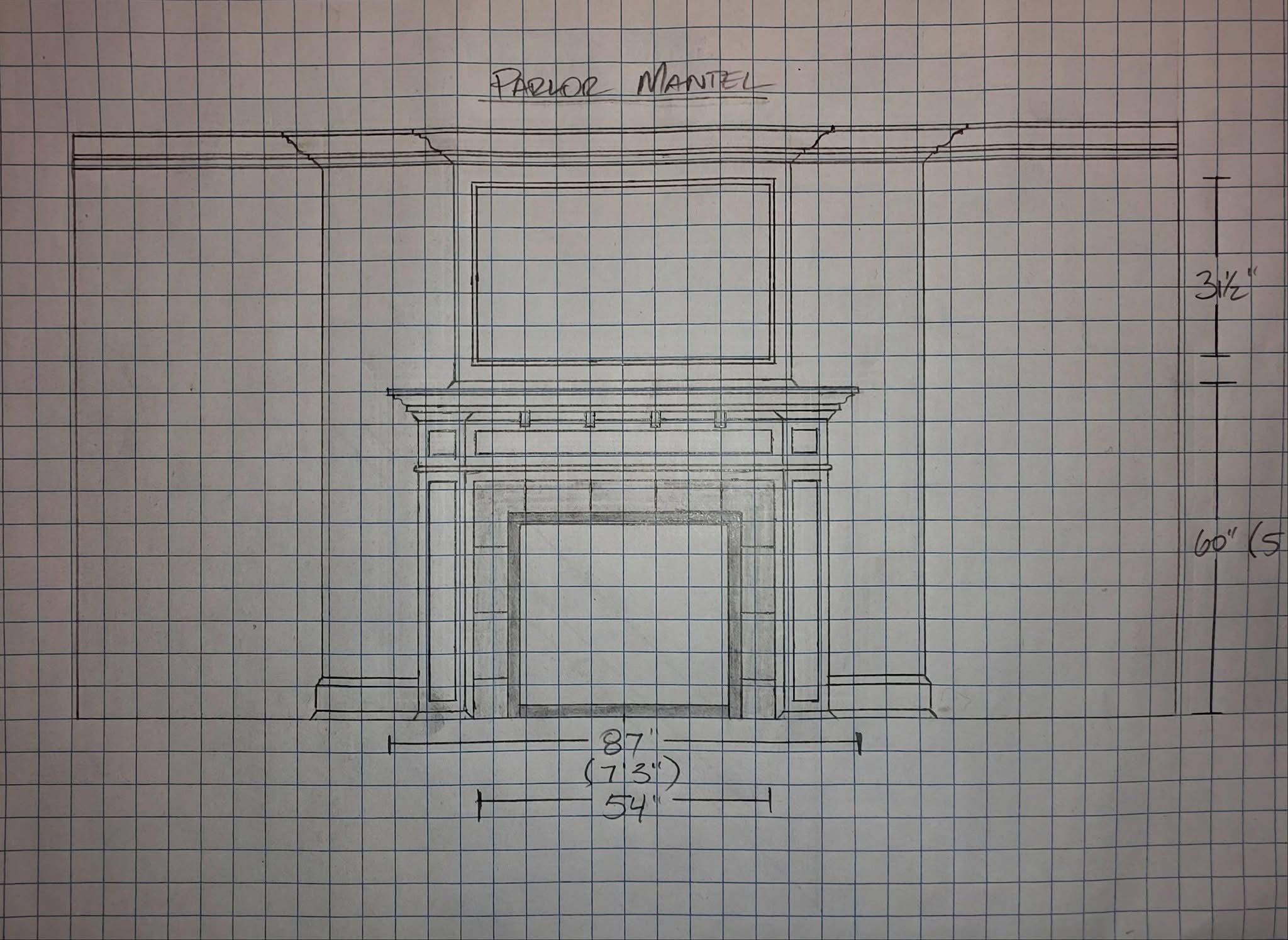 Hand-drawn custom parlor mantel sketch